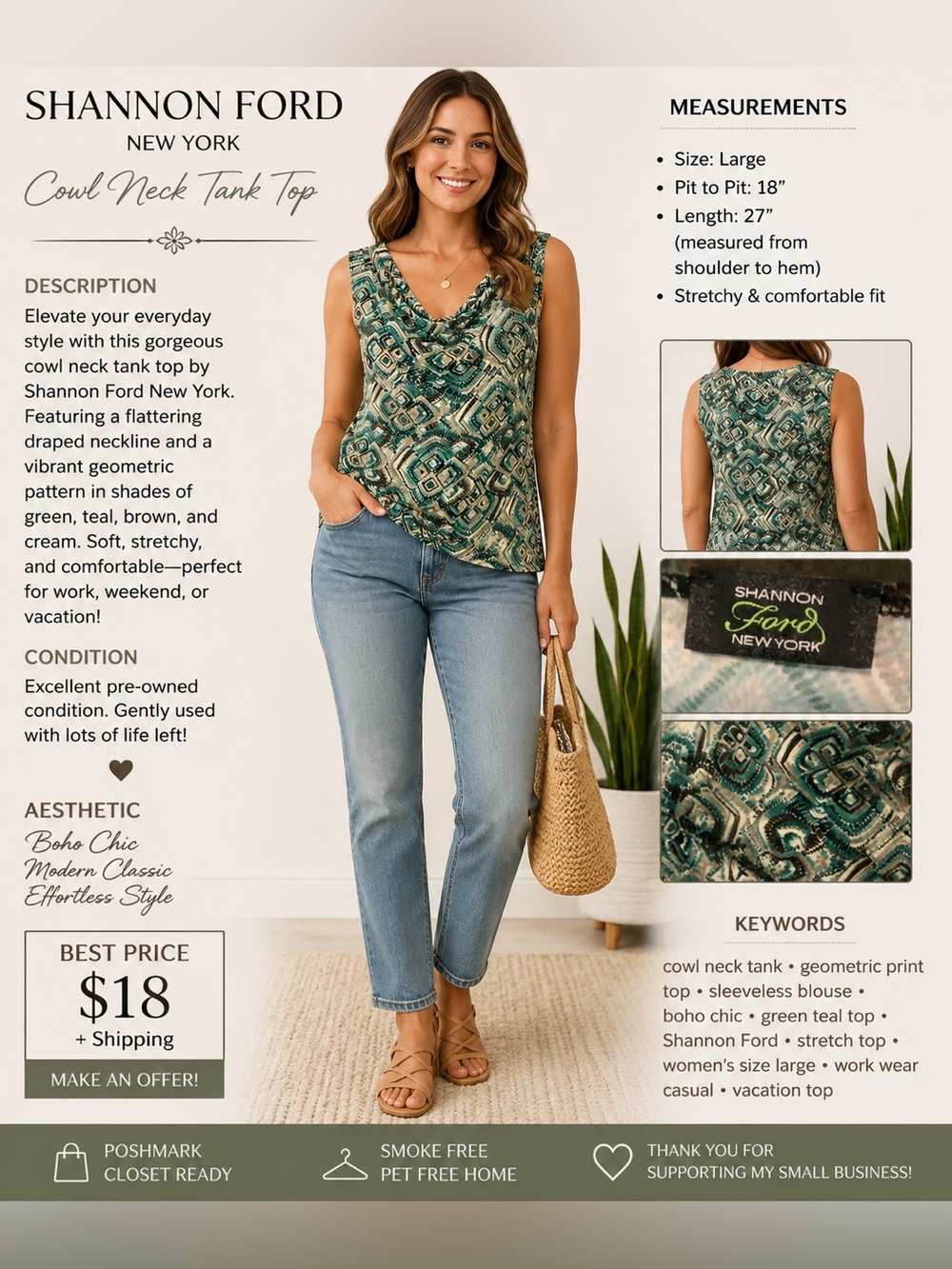 Shannon Ford New York Teal and Cream Geometric Cowl Neck Camisole